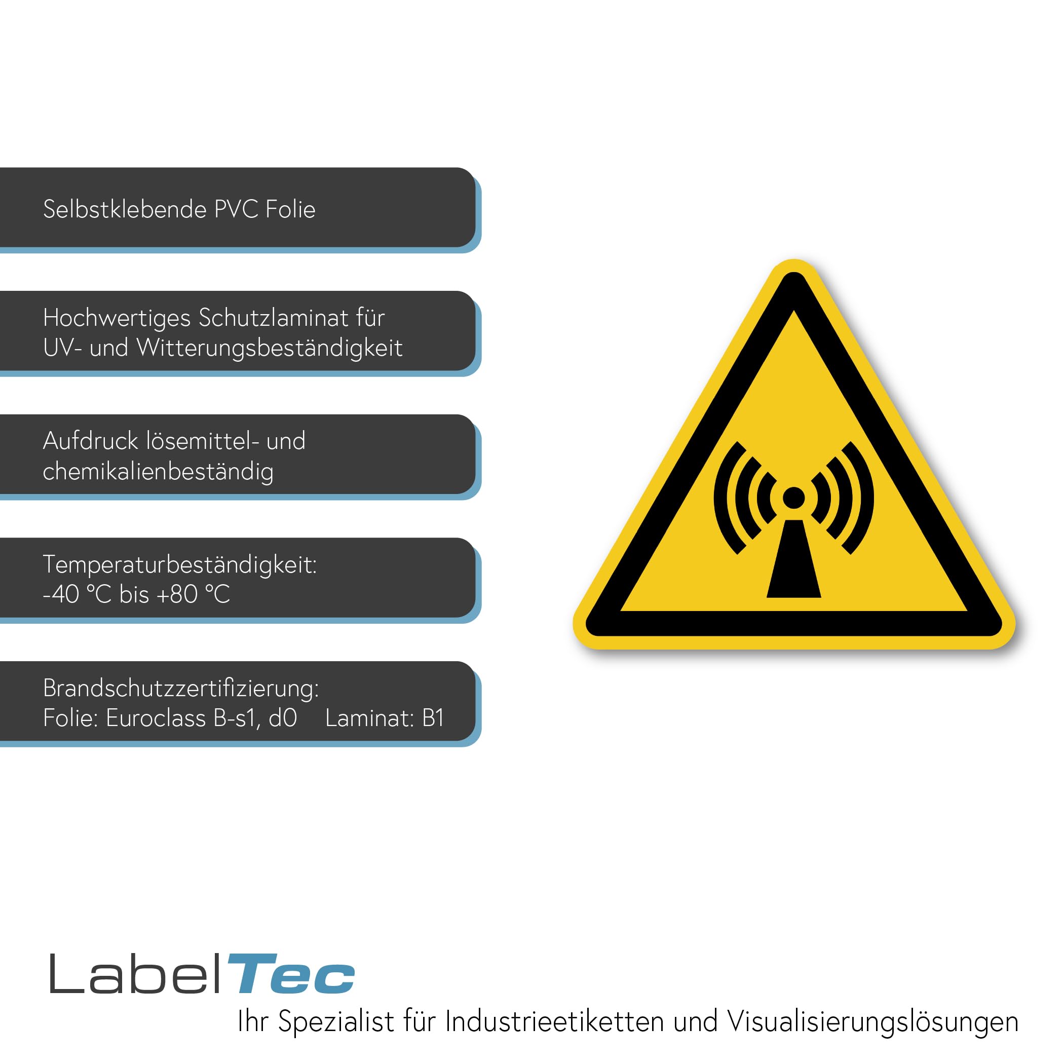 Señales de advertencia de radiación no ionizante según DIN EN ISO 7010 ASR A1.3 W005 símbolo de advertencia – Adhesivo de seguridad para equipos de radiocomunicación láser HF, laboratorio