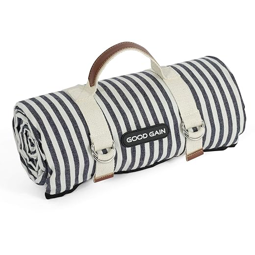 G GOOD GAIN Waterproof Picnic Blanket Portable with Carry Strap for Beach Mat or Family Outdoor Camping Party (Navy Blue)