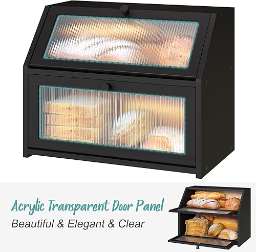 Miniatura 3 de Caja de pan negra para encimera de cocina, caja de pan grande de madera de bambú de doble capa, capacidad de almacenamiento de pan de madera