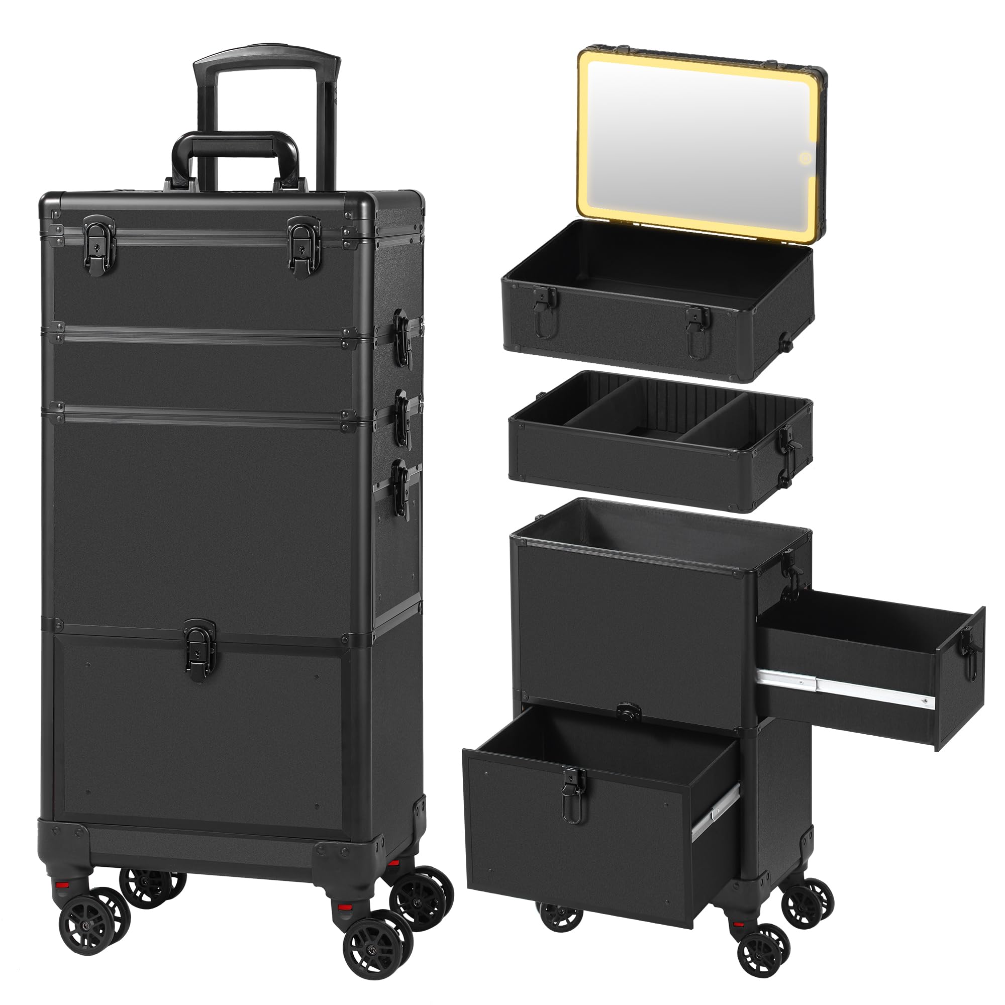 Somduy Makeup Train Case with LED Mirror, Rolling Makeup Case with Drawers, Cosmetology Case on Wheels, Gift, Travel Makeup Organizers, Profesional