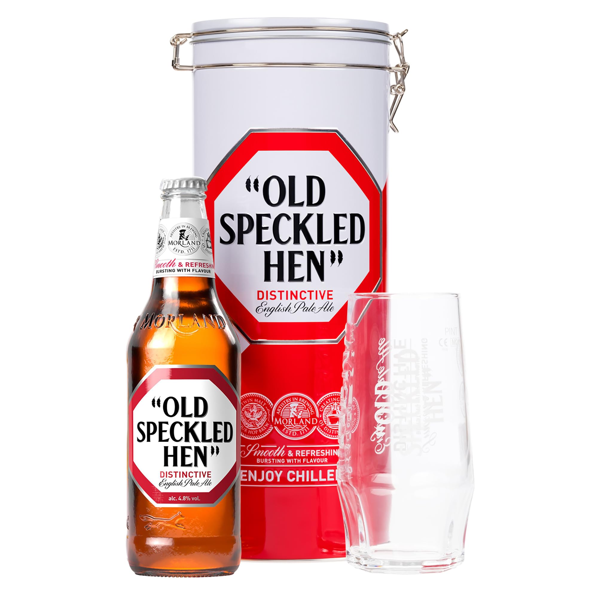 Old Speckled Hen Pale Ale Gift Set – 500ml 4.8% ABV Pale Ale with Branded Pint Glass in Collectable Tin by Blue Tree Gifts