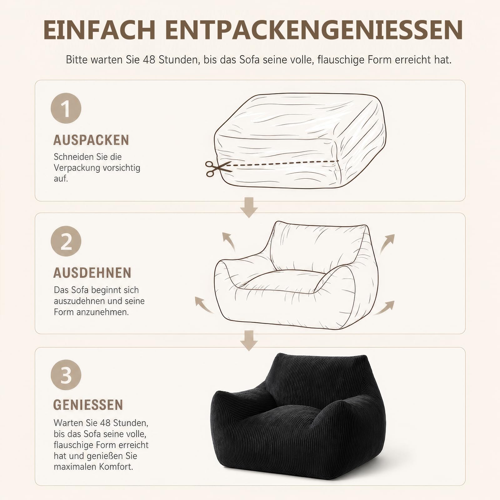 Puf para adultos con relleno, sillón de pana con respaldo, sillón grande para videojuegos y silla de suelo para salón, dormitorio y habitación juvenil, 80 x 73 x 80 cm, color negro