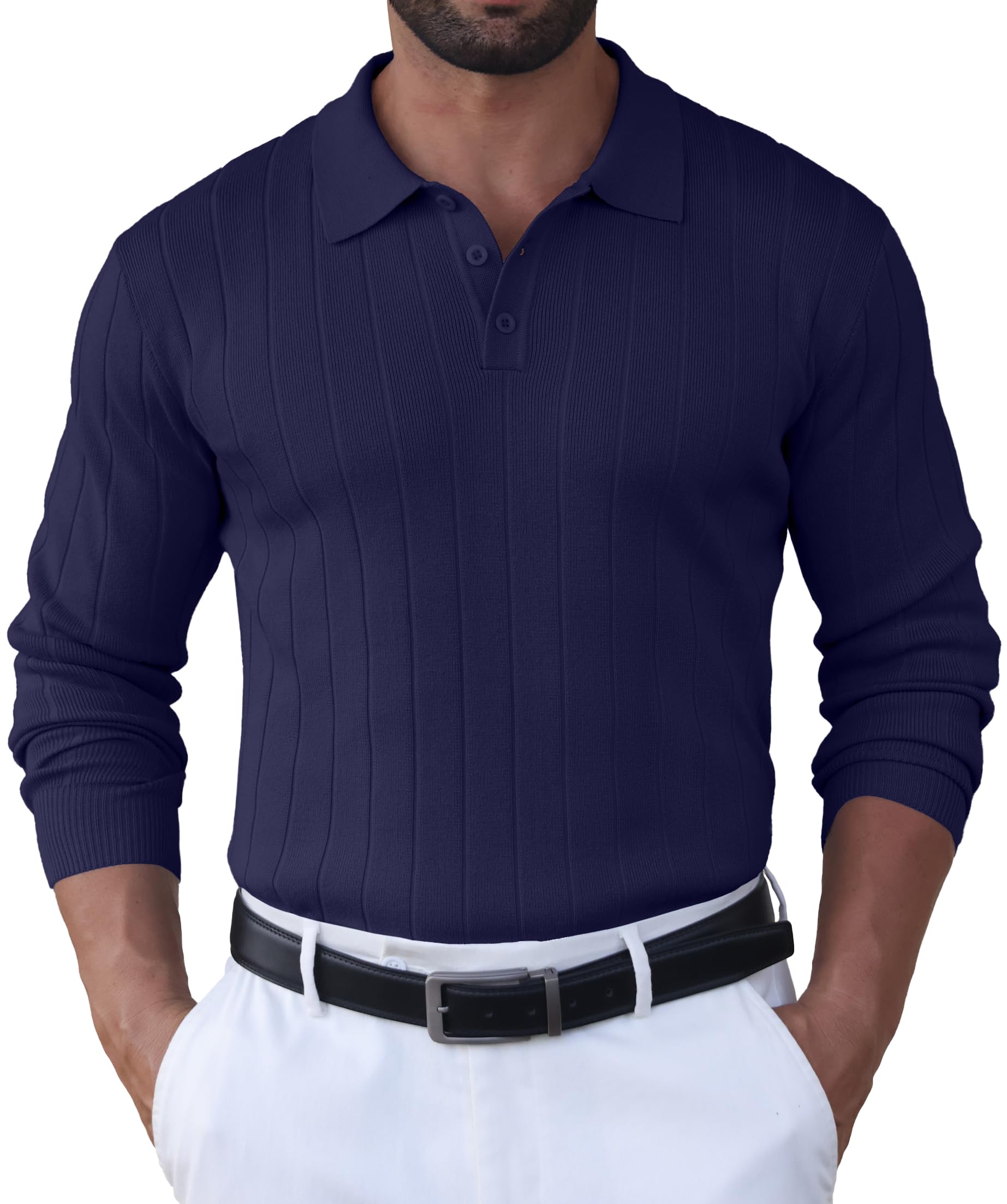 Hisir Polo da uomo a maniche lunghe invernali in maglia, vestibilità regolare, casual, classico, a righe verticali