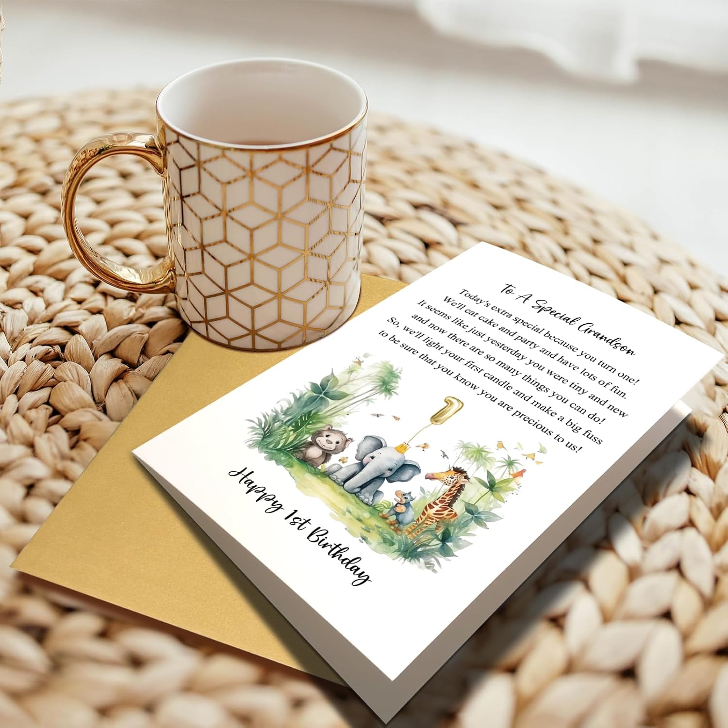 Happy 1st Birthday Card for Grandson, Cute Grandson First Birthday Card, Jungle Safari Animals 1st Birthday Card from Grandparents, To A Special Grandson - Image 6