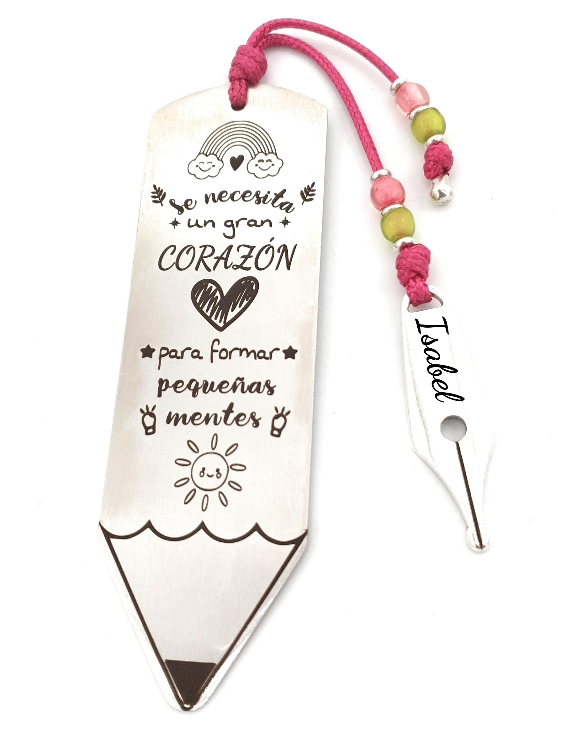Marcapáginas Lápiz para maestro/a - Nanaleja - De acero inoxidable - puedes añadir los nombres de los niños - Regalo para profesores - con nombre del maestro o alumno incluido (Cordón fucsia)