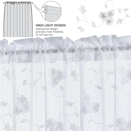 Miniatura 6 de Lazzzy Cortinas blancas para puerta francesa, con bolsillo para barra, con bordado floral, cortinas semitransparentes para dormitorio, sala de
