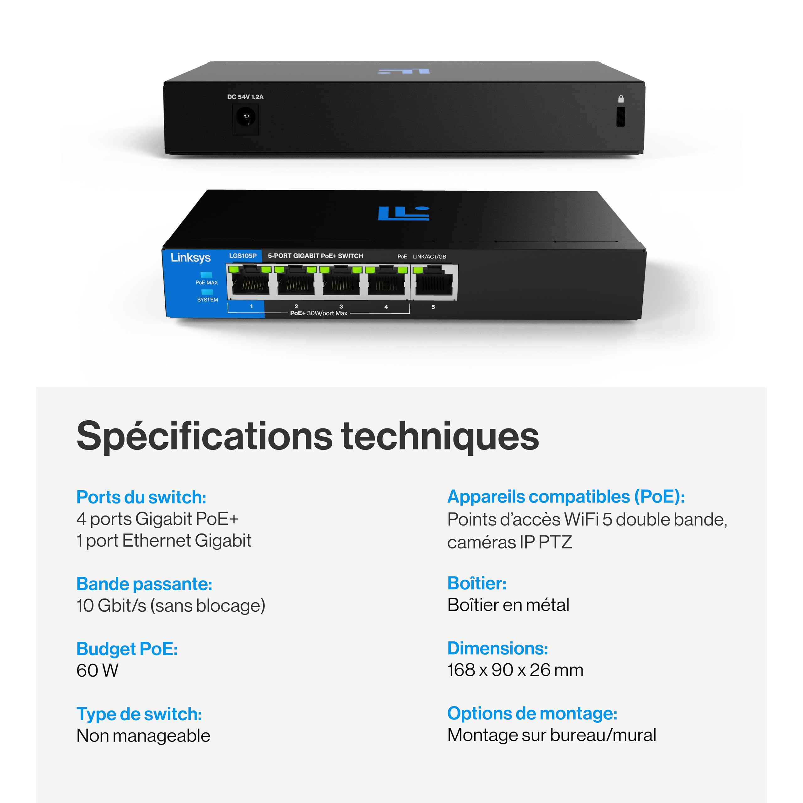 Switch PoE+ Gigabit 5 ports non manageable Linksys | Ethernet écoénergétique | Contrôle de flux Full-Duplex | Idéal pour les petites entreprises et les bureaux à domicile | Conception sans ventilateur