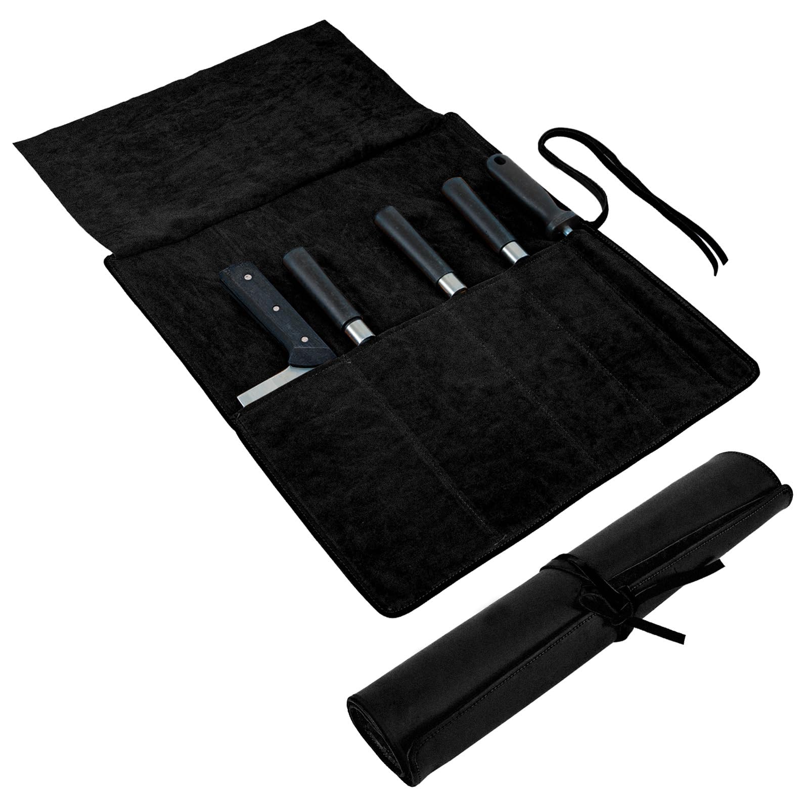 Genuine Leather Knife Roll, Knife Bags for Chefs Professional, Small Chef'S Knife,Knives Holders Protectors with 5 Slots (Black)