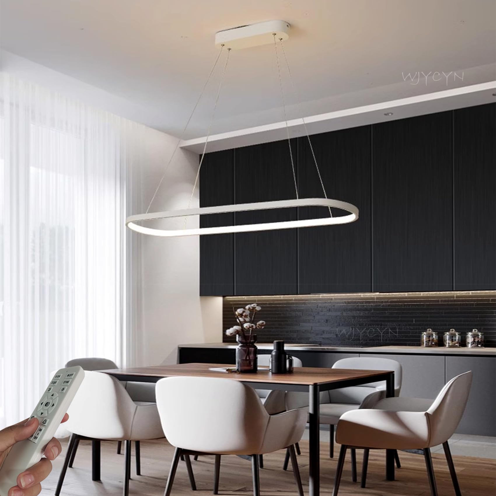 WJYCYN Dimmable Oval LED Chandelier Pendant Light Modern Dining Table Office Lamps with Remote Control Ring Hanging Lamp Height Adjustable Glare Free Room Study Living Room Kitchen B:White L70cm 30W