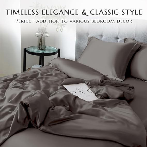 THXSILK 100% Silk Sheet Set, 7A+ Silk Sheet Set Soft Breathable, Luxury Bedding (1 Duvet Cover, 1 Fitted Sheet, 2 Pillow Shams), Queen, Charcoal