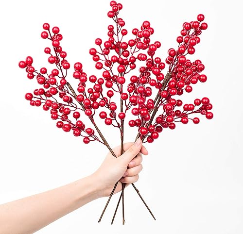 Lvydec Paquete de 4 tallos artificiales de bayas rojas, ramas de bayas de acebo de Navidad de 17 pulgadas para decoración del hogar y manualidades