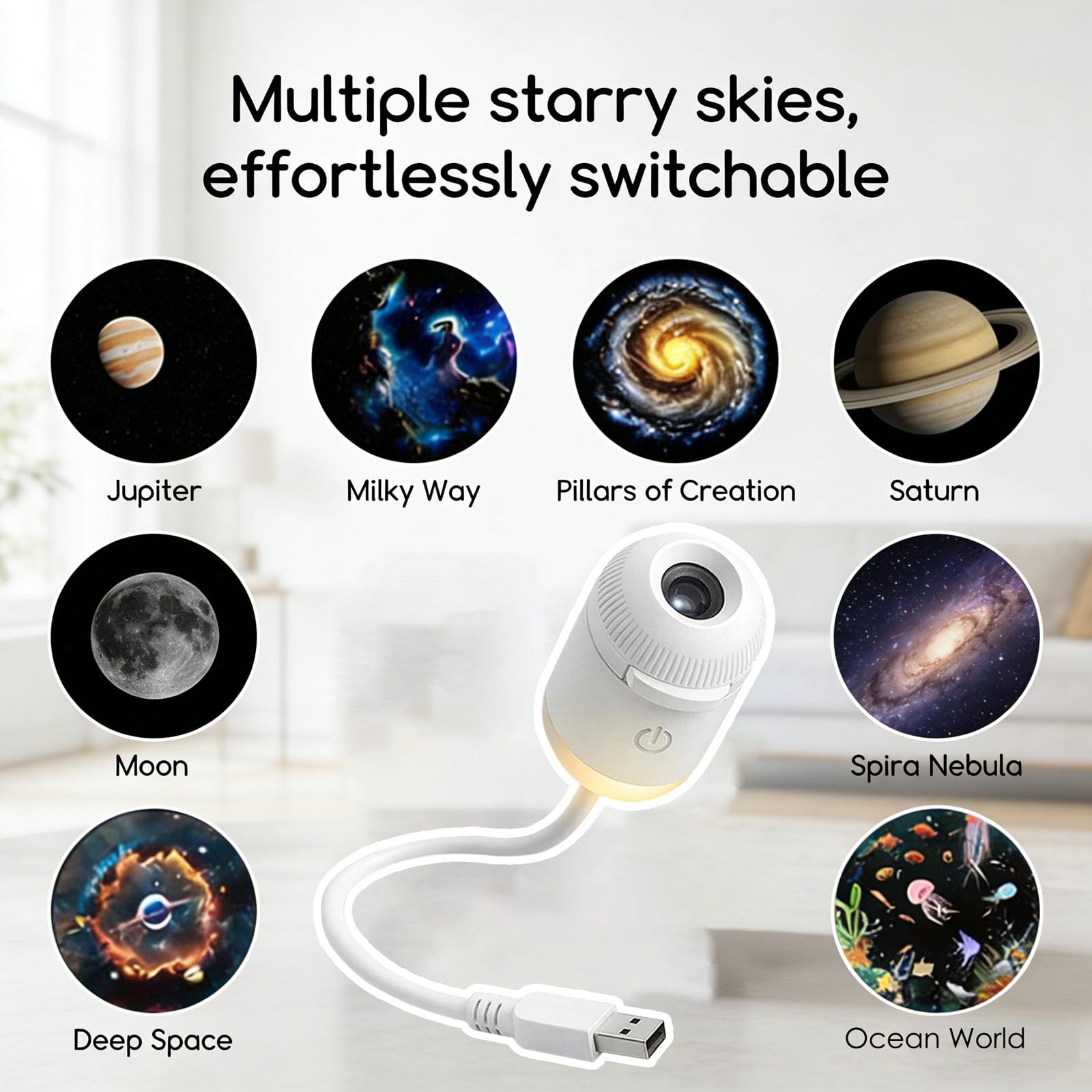 2 in 1 Galaxy Projector Night Light, USB Starry Sky Projector with Multiple Projection Films, 360° Adjustable LED Galaxy Night Light Projector for Bedroom Car Kids Adults Home Decor Use (10 Scenes) — view 9