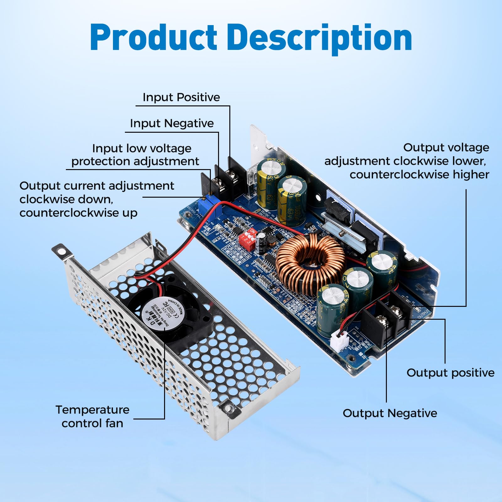 Heemol 500W DC-DC Boost Converter Modul, 10.5-60V zu 12-80V Einstellbar CC/CV, 20A Konstantstrom mit Verpolungsschutz und Temperaturregelung.