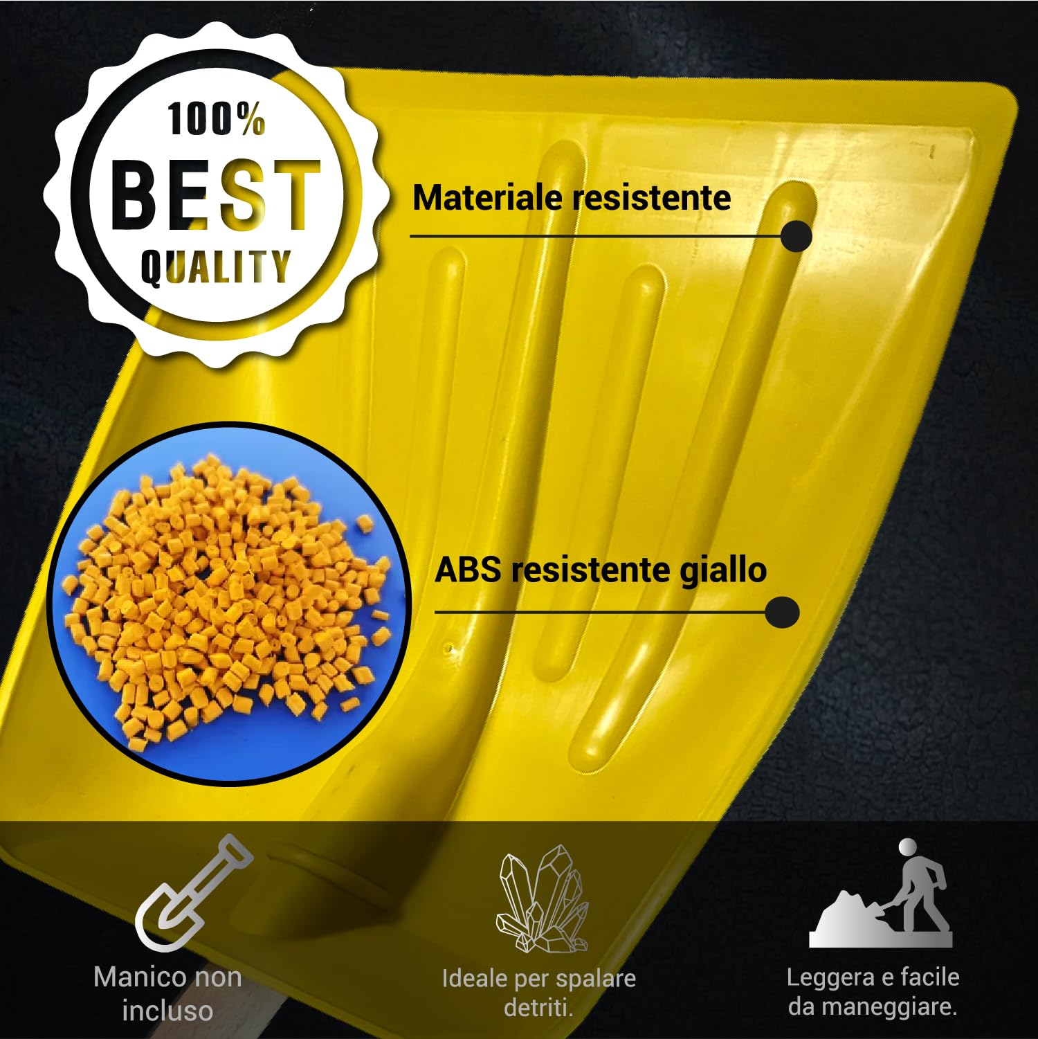 CRISALIDE® Badile in ABS Giallo – Pala Professionale Leggera e Resistente per Neve, Terra e Detriti – Materiale Antiurto – Ideale per Giardinaggio e Lavori Domestici – Manico non incluso