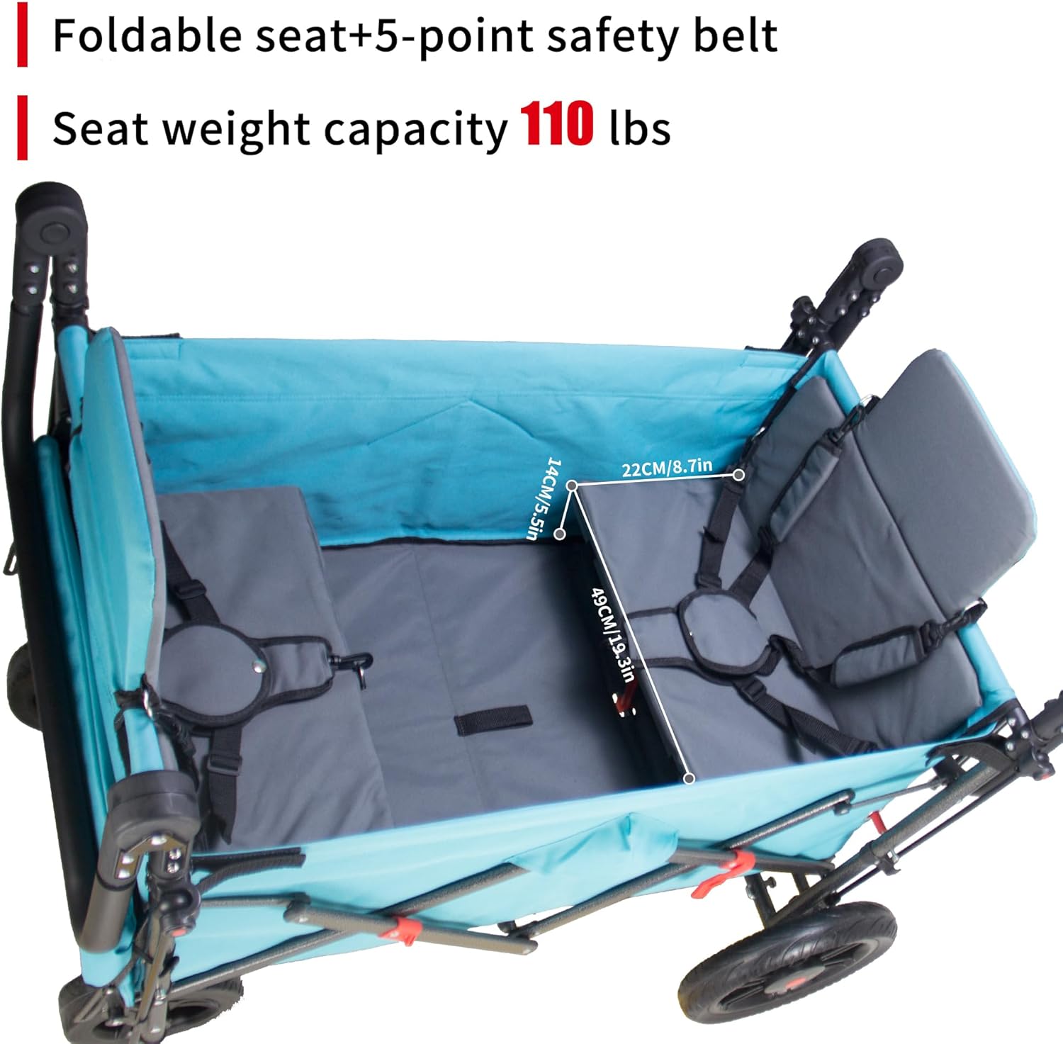 TMZ Collapsible Wagon with 2 Foldable Seats, Folding Wagon with Canopy, Multi Functional Cart with Adjustable Handle Bar, Front Expandable for Transport Camping (Turquoise/Grey)