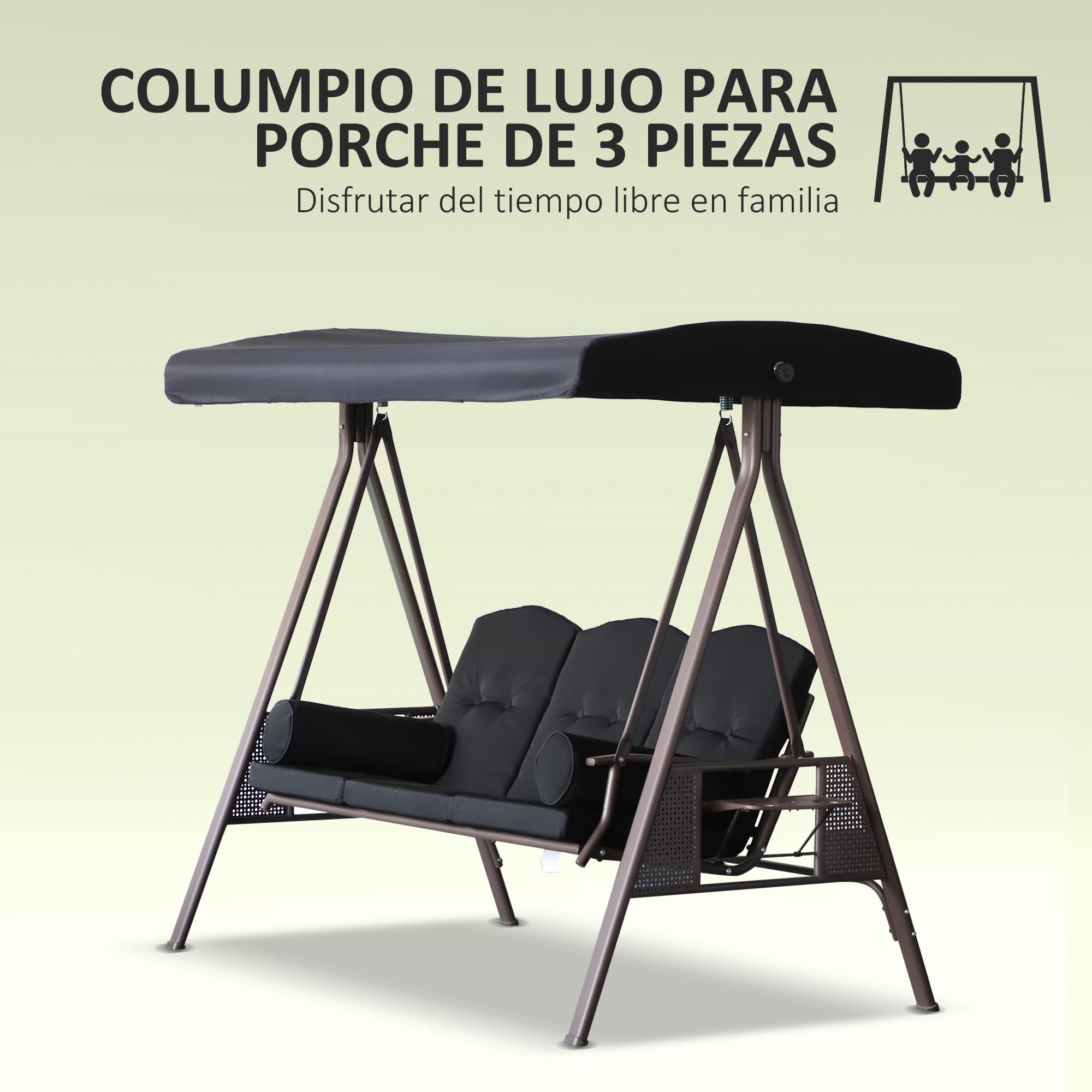Outsunny Columpio de Jardín Exterior de 3 Plazas Balancín de Jardín Exterior con Toldo Ajustable Bandejas Laterales 2 Almohadas y Marco de Metal Carga 360 kg 208x121x172 cm Negro