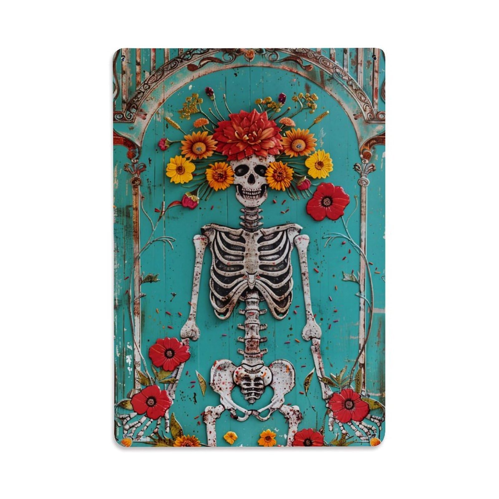Jdfenggu Vintage Skeleton With Flowers And Colors Retro Metal Tin Sign, Decor Art Poster For Bar, Home, Man Cave, Kitchen, Laundry Room Gift 8X12inch