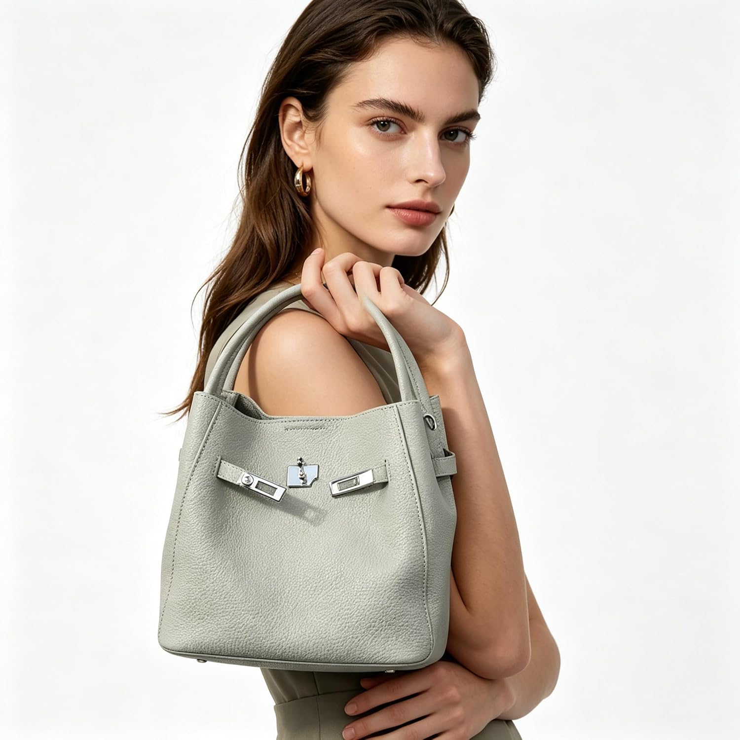 Women's Genuine Leather Bucket Tote Bag, Convertible Crossbody Purse with Detachable Strap & Inner Pouch.