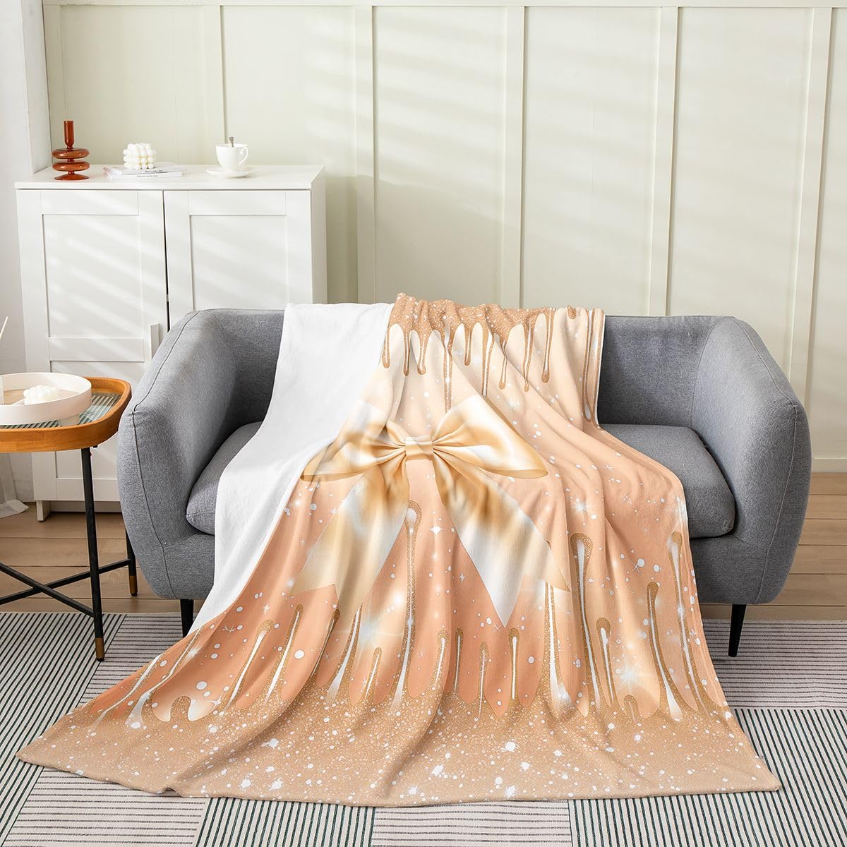 Princess Romantic Bow Tie Fleece Blanket,Cute Bowknot Flannel Blanket for Room Decor,Glitter YellowBedding Set for Kids,Super Soft Blanket,Throw 50"x60"