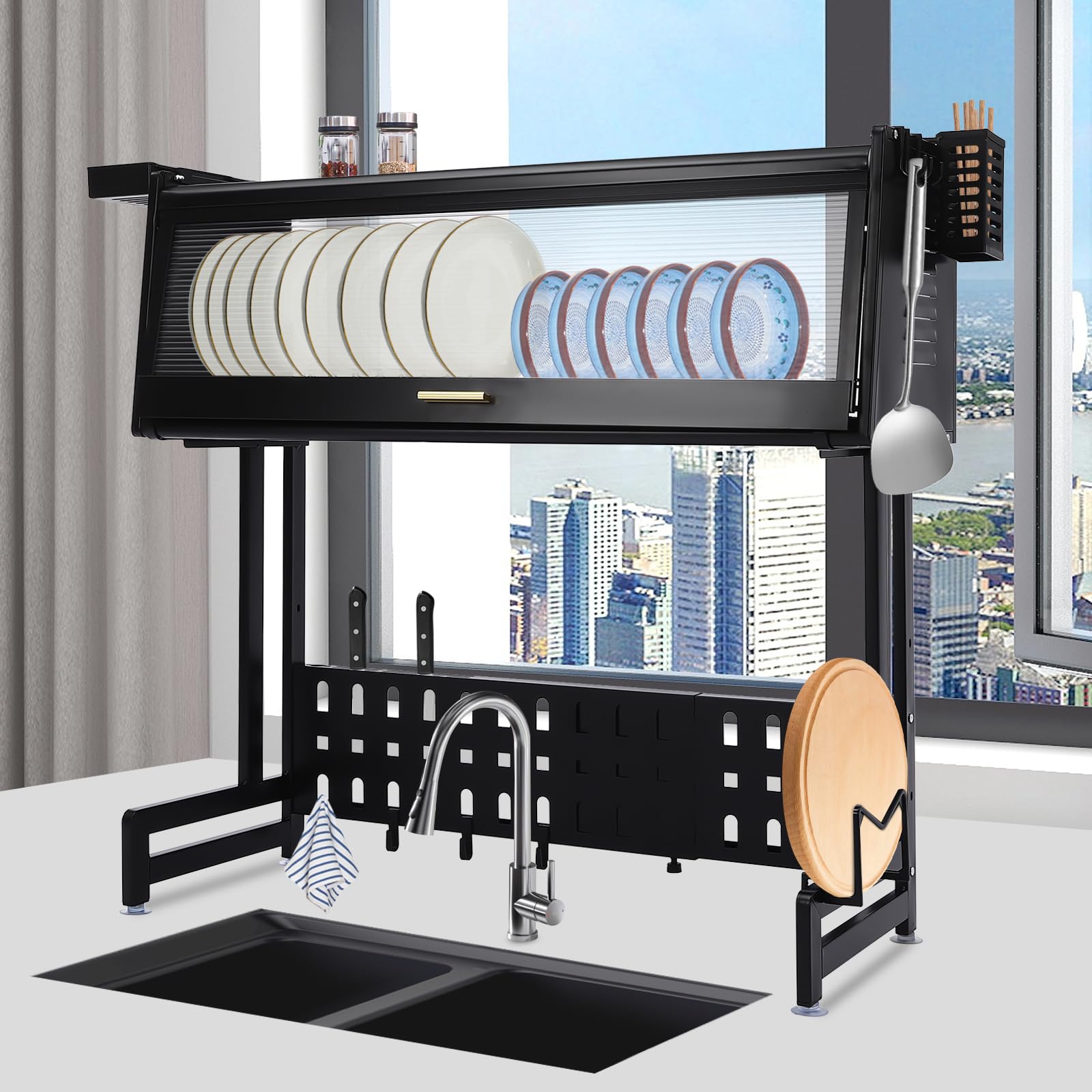 Scolapiatti Da Lavello 84.5 * 28 * 31cm Barra Portautensili Cucina Griglia Scolapiatti Lavello Cucina Con Mobile Per Piatti Coltelli E Forchette Bacchette Taglieri (Nero)