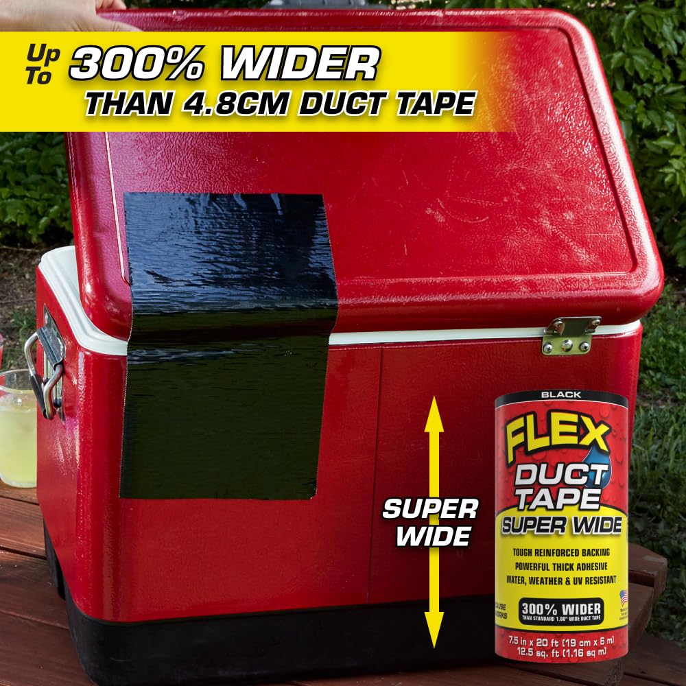 Flex Ruban adhésif super large 2,1 cm x 6,1 m noir résistant à l'eau aux intempéries et aux UV déchirable sans résidu