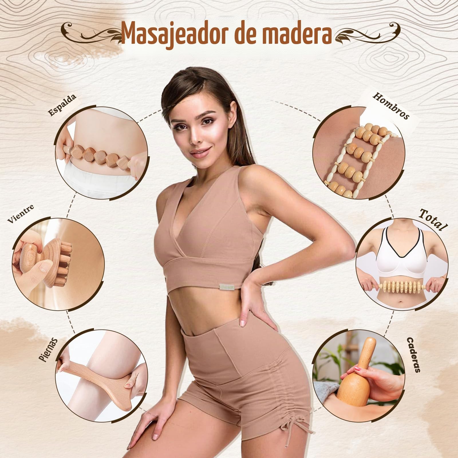 Yofuly 6 PCS Herramientas de Masaje de Terapia de Madera, Kit de Masajeador de Maderoterapia Completo Profesional para Modelar el Cuerpo, Drenaje Linfático, Alivio del Dolor Muscular, Anti Celulitis
