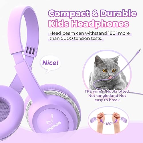 Miniatura 8 de vinamass Auriculares para niños, auriculares con cable con limitador de volumen seguro de 85 dB, ajustables y flexibles para niños, niñas, adecuado