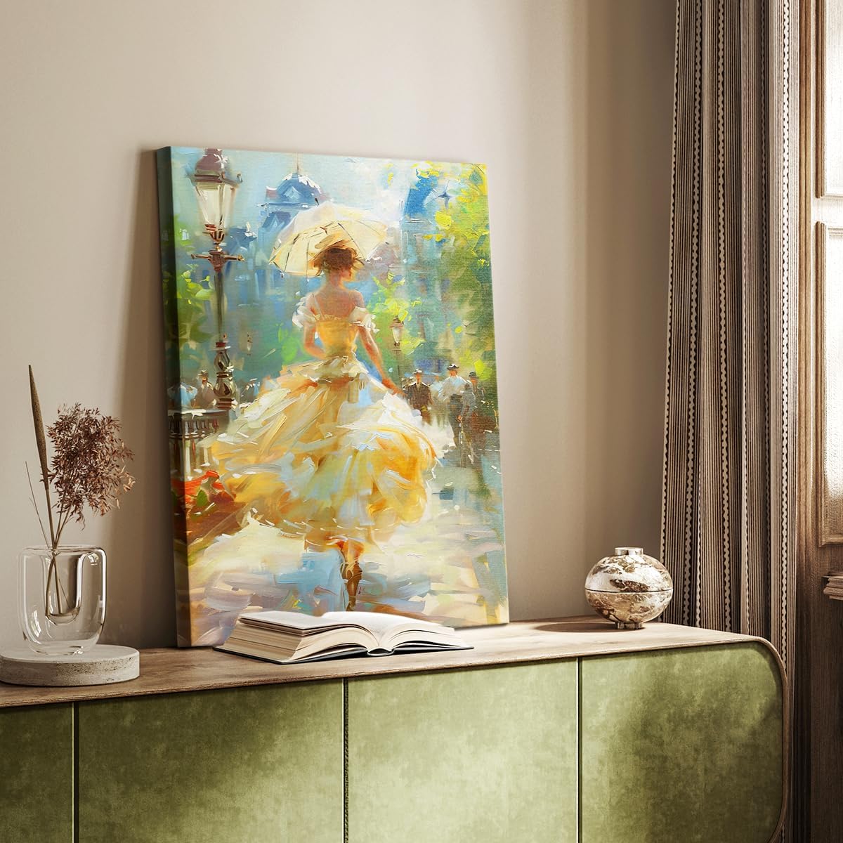 Renditions Gallery Abstract Wall Art Paintings & Prints Woman in Dress & Parasol Ancient Market Street Lamps Canvas Wall Hangings for Lounge Drawing Room Balcony - 12" X 18" LT566