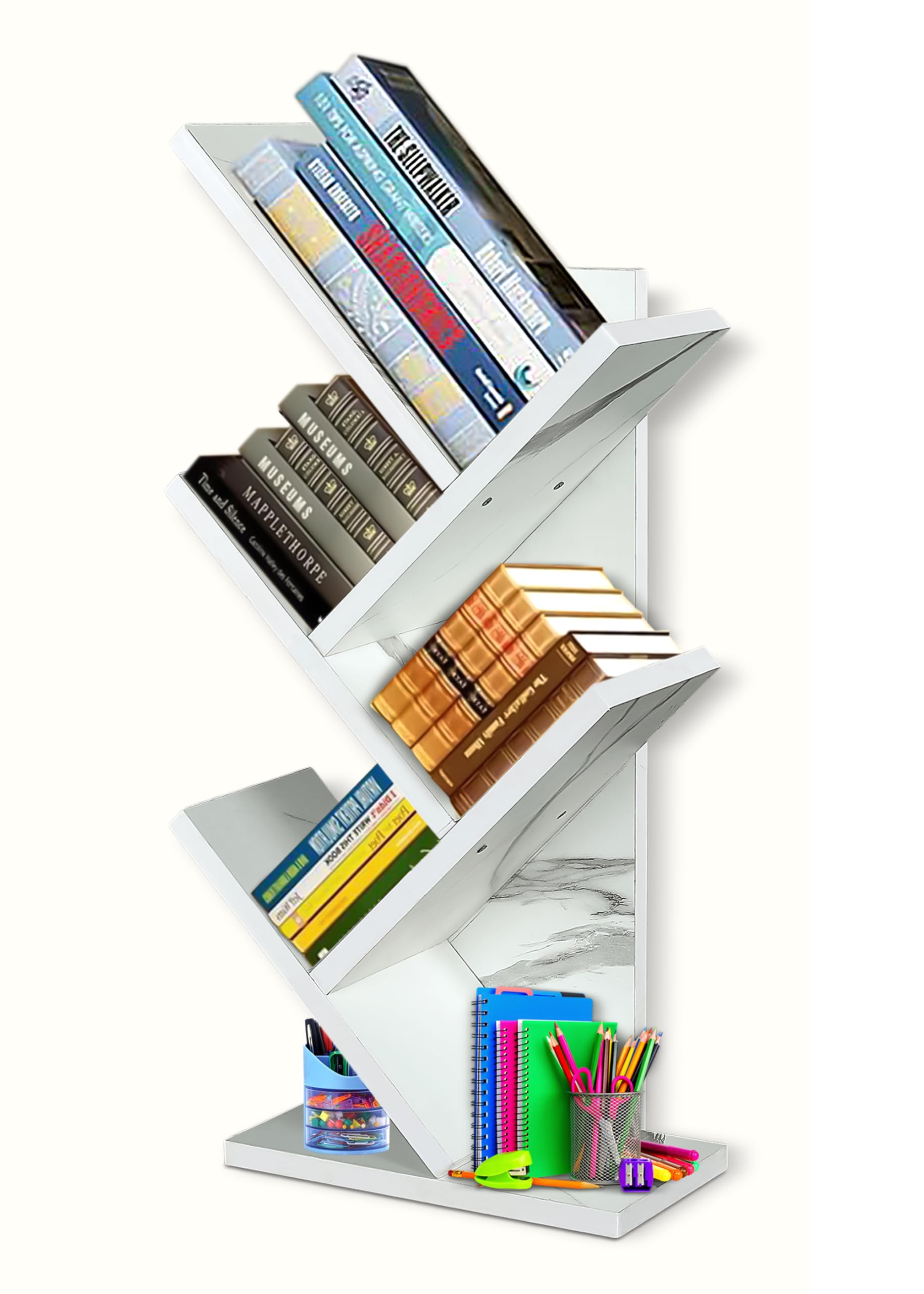 SBF Furniture Tree Bookshelf Floor Standing Bookcase Free Standing Multipurpose Storage Rack for Books Magazines Organizer Showcase DIY (5 Tier - White, 5 Tier)-image-11