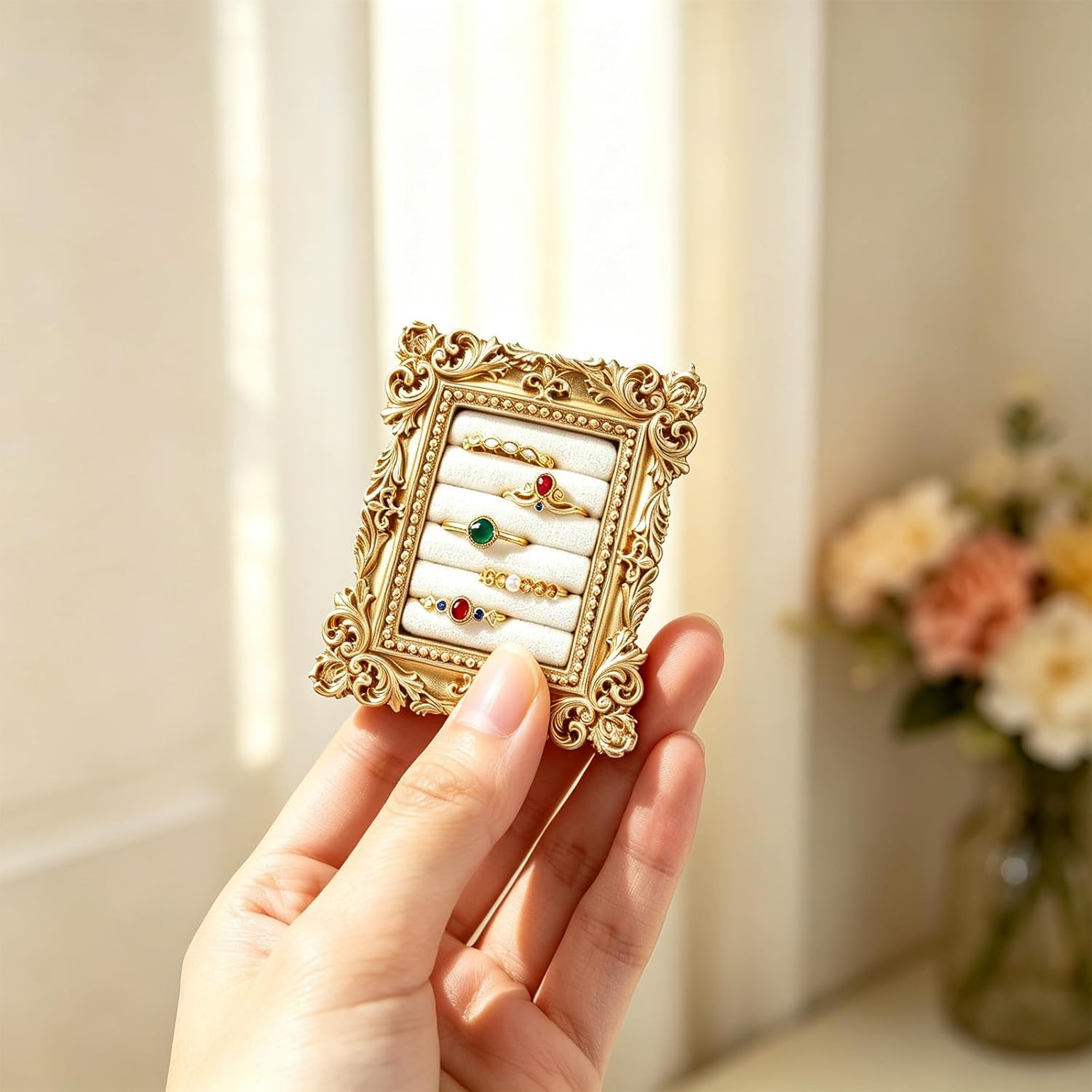 Vintage Gold Ring Holder, Baroque Frame with Beige Velvet Ring Display
