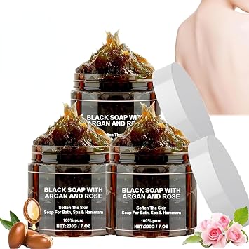 Zawina Morocco Black Soap with Argan and Rose Zawina Morocco Body Scrub Zawina Moroccan Black Soap with Glove Deep Cleaning Skin for All Skin Types 3pcs