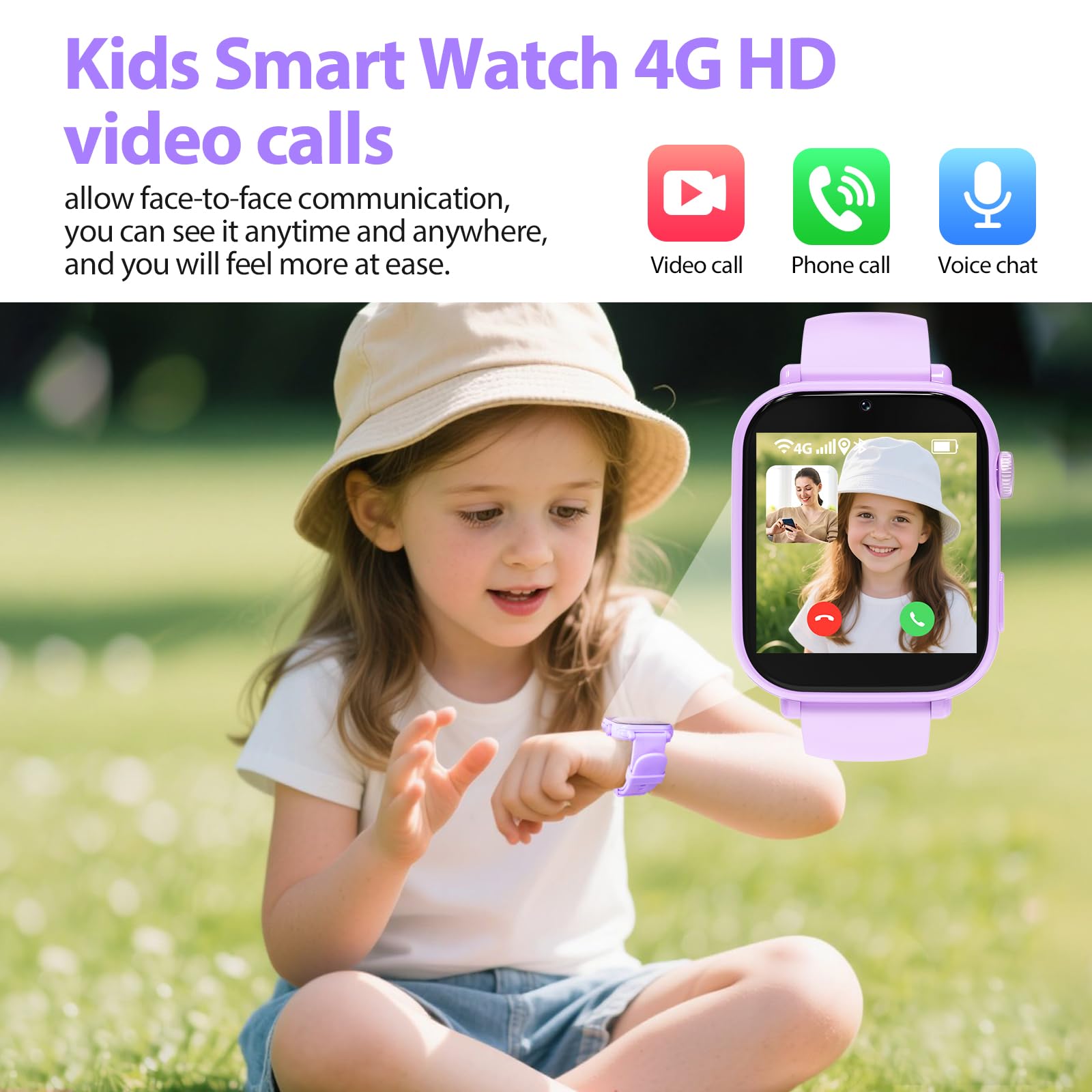 PTHTECHUS 4G Reloj Inteligente Niño, Smartwatch Niños Niña con GPS, Videollamadas, Chat de Voz, SOS, Modo Clase, WiFi, Juegos, Cámara, Reloj Niños Regalo para Niñas niños 4-12 años Regalo (Morado)