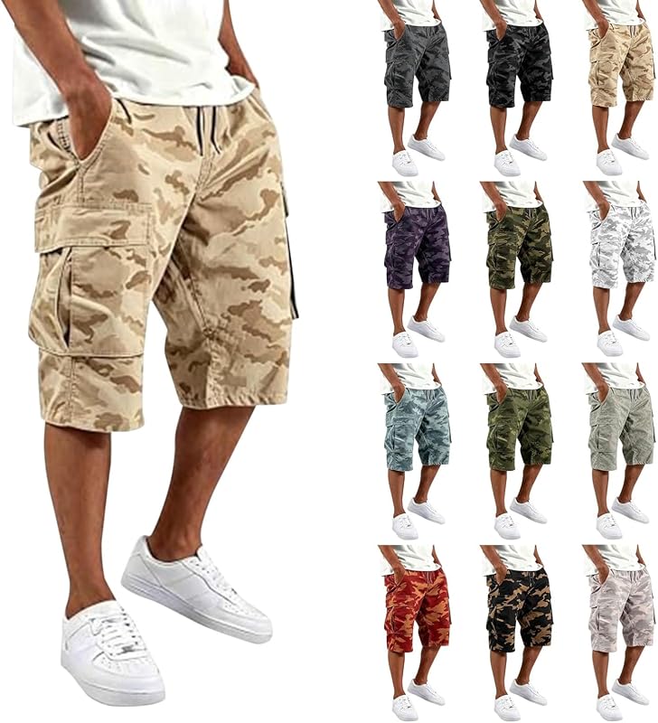Mens Cargo Shorts Casual Elastic Waist Tactical Work Shorts | Camo Cargo Shorts for Men Loose Fit Hiking Twill Short Drawstring Pants with Multi Pockets