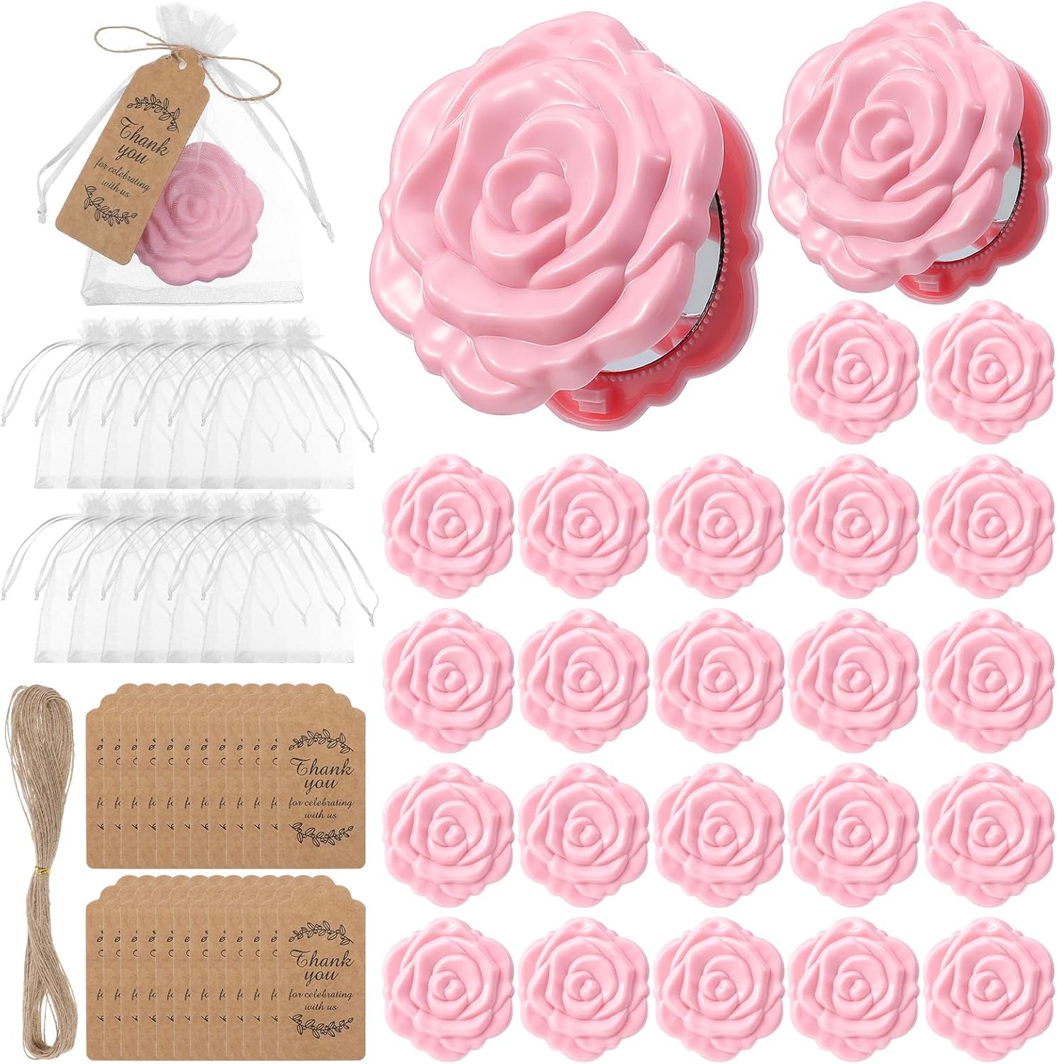 24 Set of Rose Compact Mirrors Quinceanera Wedding Party Favors Including Rose Shape Mirrors and Thank You Tags with White Organza Bags for Quinceanera, Wedding Party Guests Souvenir Gift