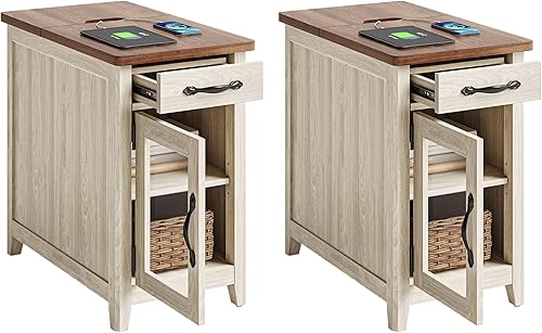 Miniatura 10 de LINSY HOME Juego de 2 mesas auxiliares con estación de carga, mesa auxiliar moderna de estilo granja para sofá, mesa auxiliar de madera para Marrón