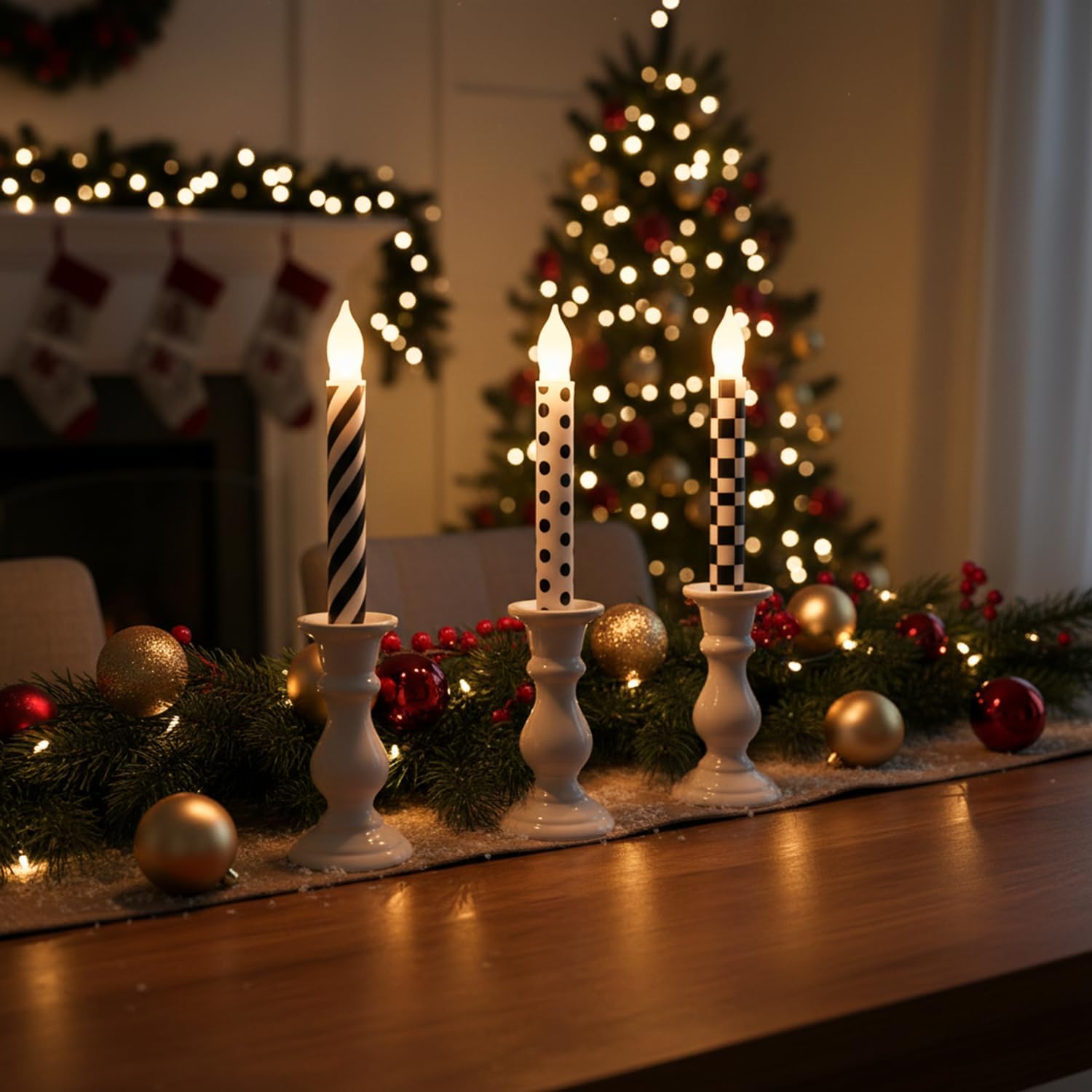 3 Pcs 8.3inch Checked Black and White Candles Battery Operated Pillar Flameless Candle with Remote for Black and Xmas Gifts Holiday Decor Home Party Festival