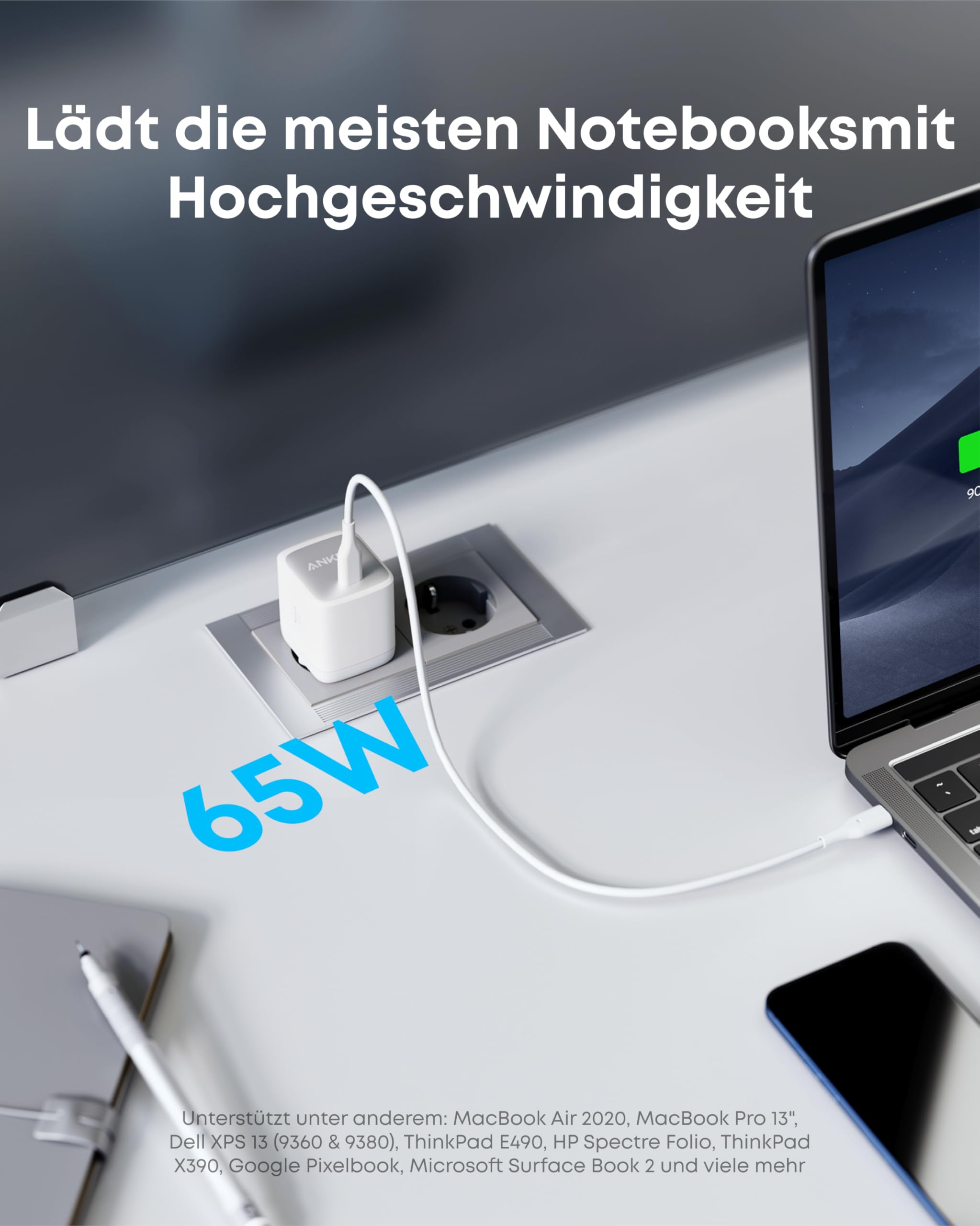 Anker Nano II 65W USB C Ladegerät Netzteil mit Schnellladeleistung, GaN II Technologie, Kompatibel mit MacBook Pro/Air, Galaxy S20/S10, iPhone 17/Pro/iPhone Air/16/15, iPad, Pixel(Weiß) - 4