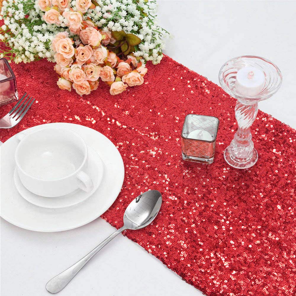 Time To Sparkle Sequin Red 12X108inches Glitter Sequin Table Runner Chair Sashes Swags Wedding Party Table Decoration,