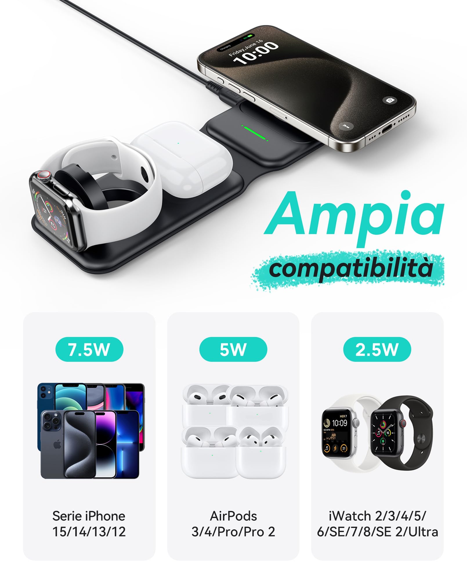 INIU Caricatore Wireless iPhone, Magnetic 3 in 1 Base Ricarica Certificato Qi, Da viaggio Caricabatterie Wireless Universale per iPhone 16 15 14 13 12 Apple Watch 8 7 Ultra AirPods 4 3 Pro ecc.
