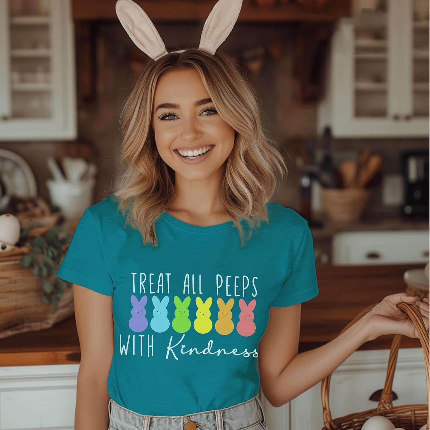Easter Teacher Shirts for Women Treat All Peeps with Kindness T-Shirt Short Sleeve Teacher Bunny Tee Tops - Image 4