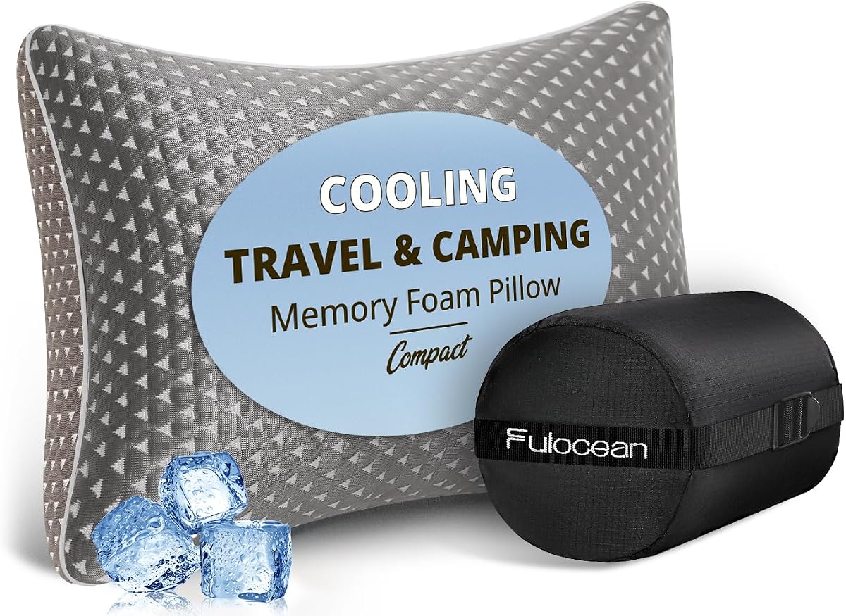 Adjustable Small Cooling Memory Foam Pillow for Travel, Camping & Airplane | Compressible, Medium Firm Neck Knee Lumbar Support, Washable, CertiPUR-US, Ideal for Car Sleeping, Backpacking, Hiking, Beach