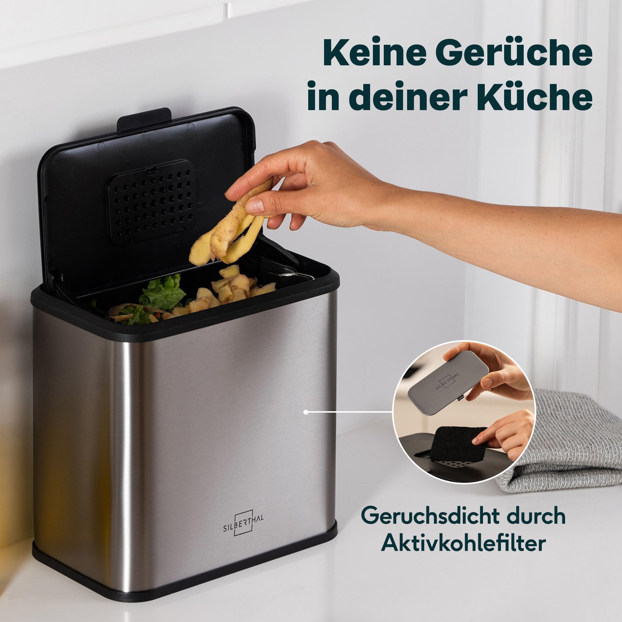 SILBERTHAL Biomülleimer Küche klein - 4L - Edelstahl - Mit Deckel - Geruchsarmer Komposteimer für die Küche - Mit Aktivkohlefilter - Innenbehälter spülmaschinenfest