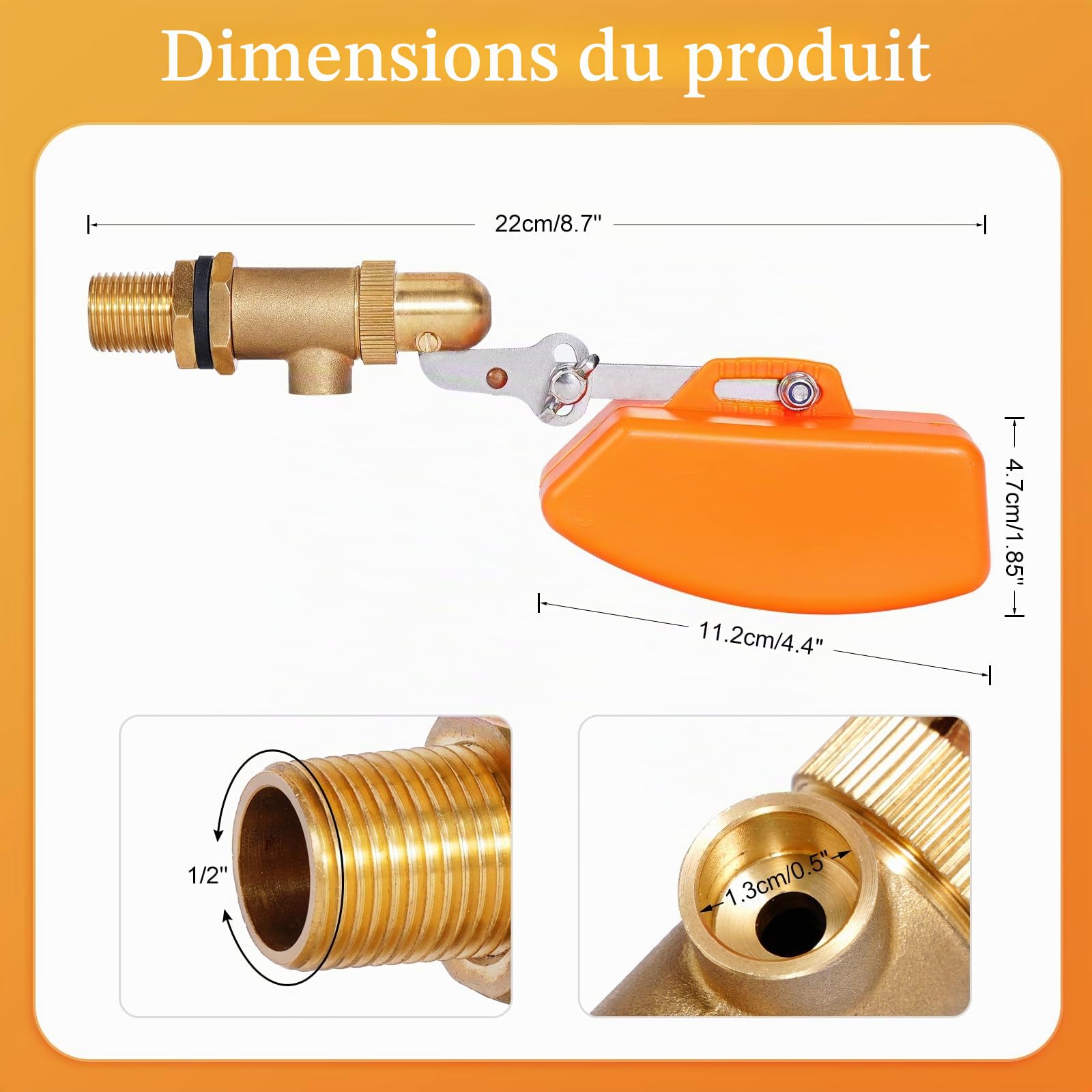 Robinet flotteur en laiton 1/2" - Robinet flotteur automatique pour réservoir d'eau, piscine, abreuvoir, flotteur orange en plastique - Interrupteur à flotteur