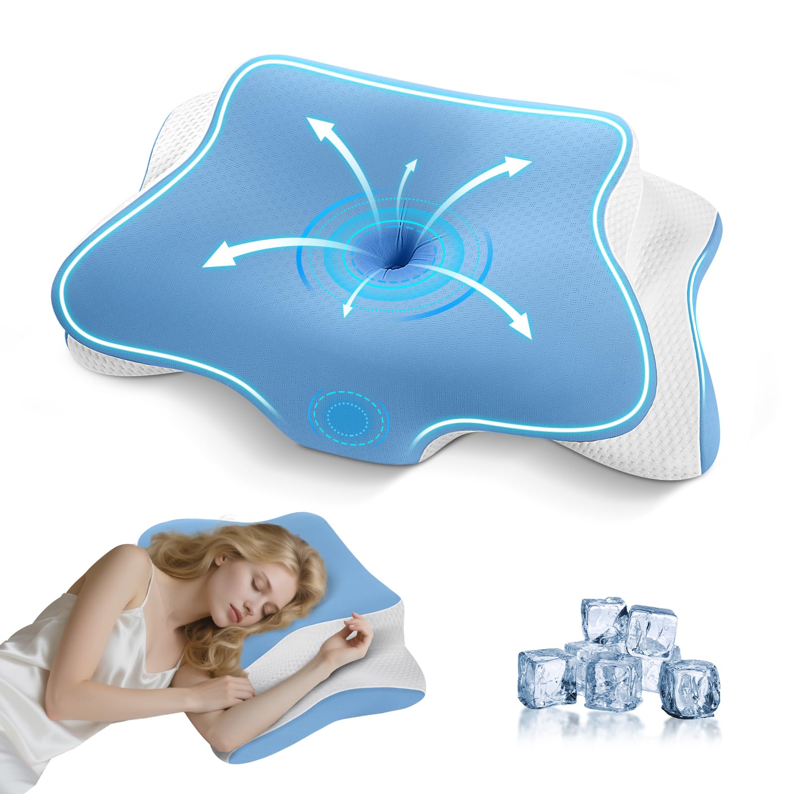 A-Pce Memory Foam Pillow, Orthopedic Ergonomic Pillow for Neck and Shoulder Pain, Cervical Neck Support for Back, Stomach and Side Sleepers, Cooling Pillows with Washable Ice Silk Pillowcase, Azure