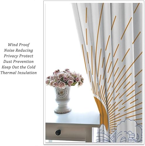 Miniatura 4 de Cortinas retro para atardecer, estilo bohemio de mediados de siglo, modernas, abstractas, amanecer japonés, azul, con ondas oceánicas, para