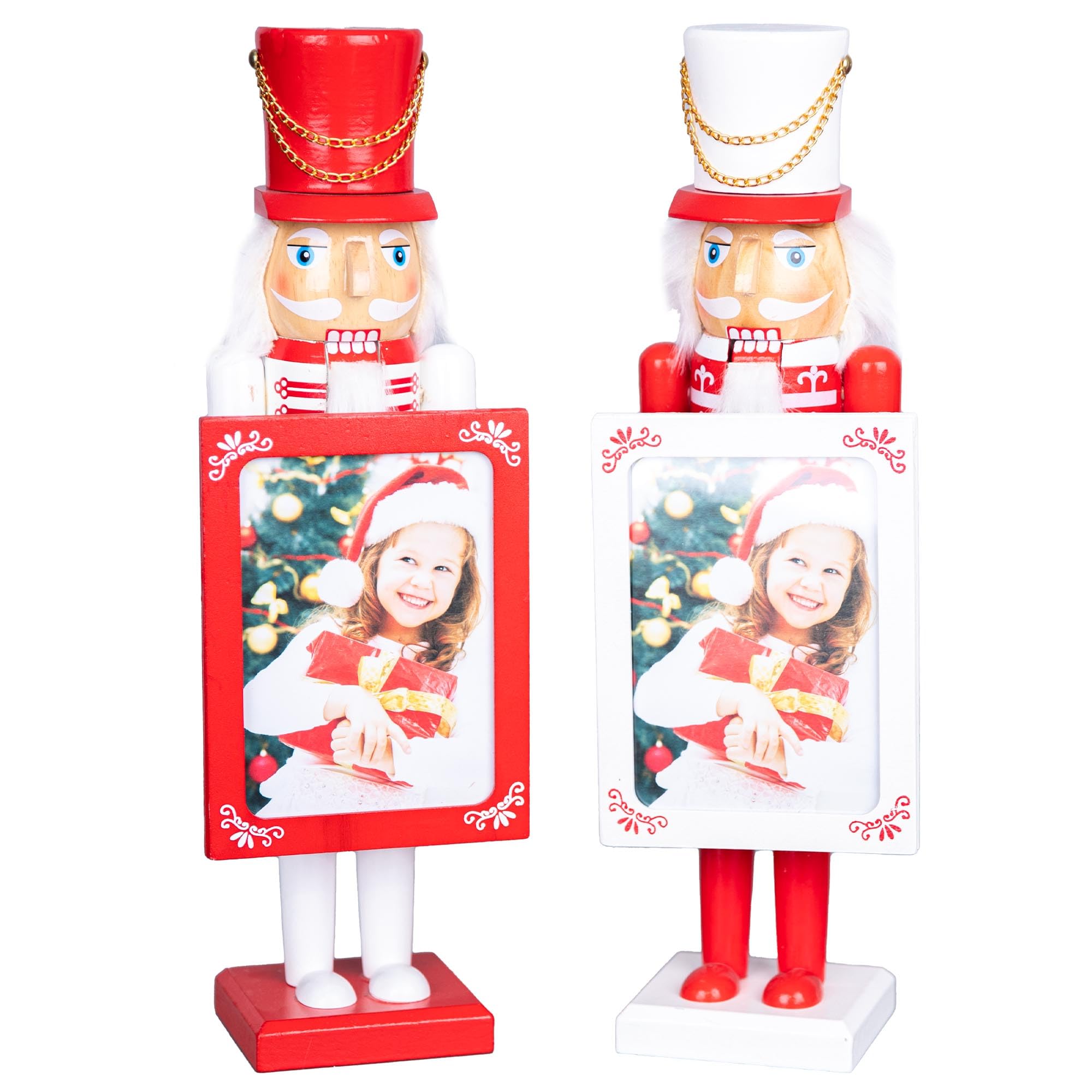 Shatchi 2Pcs Set 38Cm Red/White Wooden Christmas Nutcrackers Personalise Photo Frame - Soldiers King Puppet Figurines Xmas Home Decoration Ornament