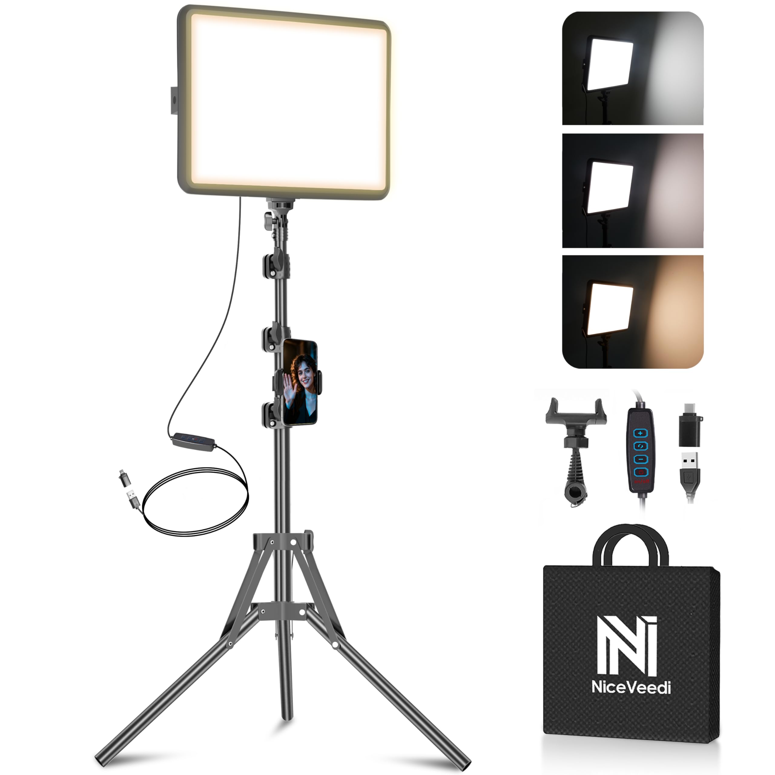2-Pack Photography Lighting Kit, NiceVeedi 25W LED Video Light Kit, 2900-7000K Dimmable Studio Light with Tripod Stand, 73" Stream Light for Video Recording: 15W-1 Pack (USB-C Adapter)