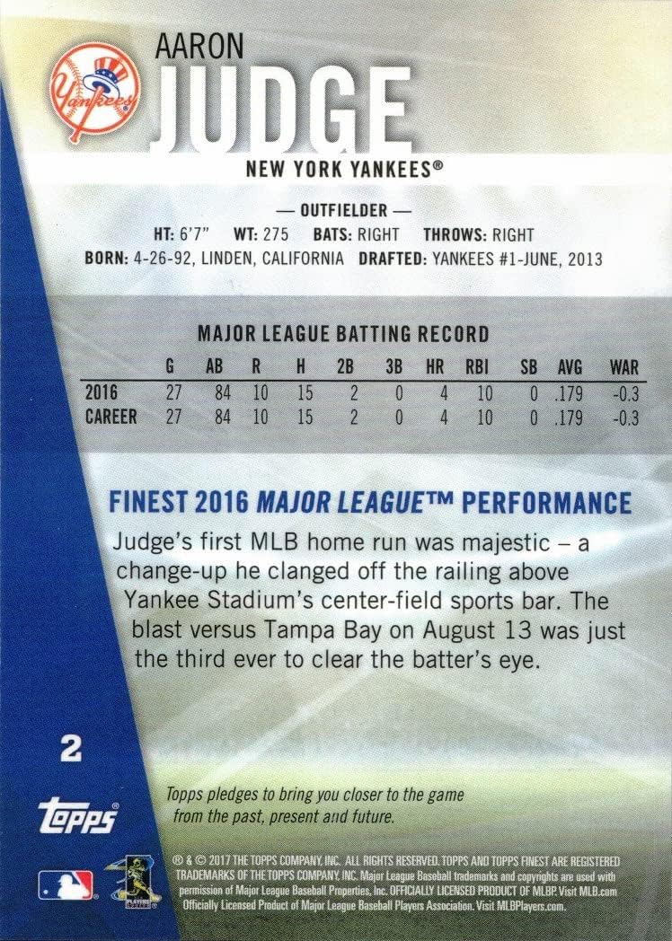 2017 Topps Finest Refractor Baseball #2 Aaron Judge Rookie Card