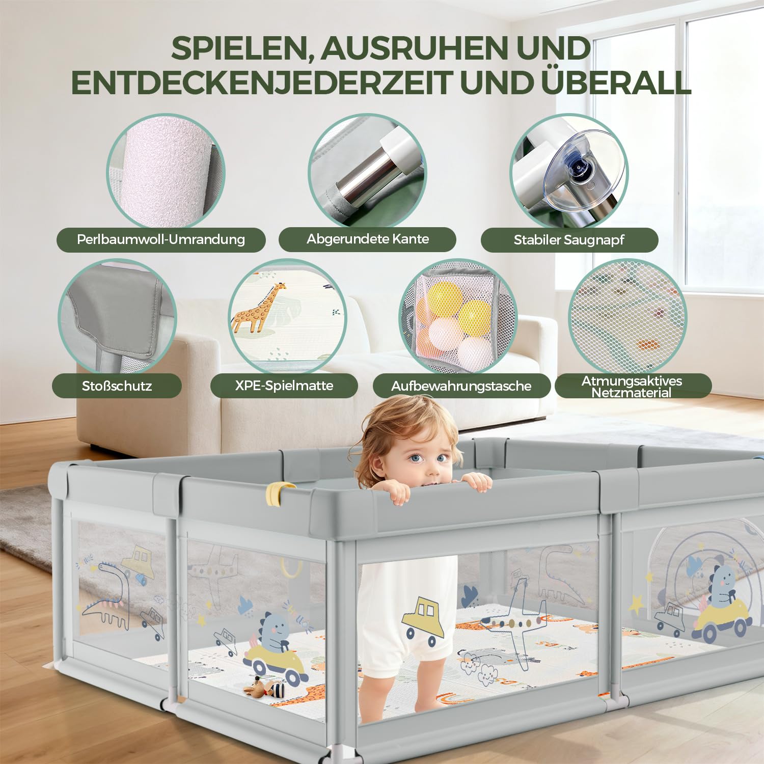 Box Bambini 150X180cm Con Materasso, XL Con Fondo Antiscivolo E Rete Traspirante, Tessuto Oxford 210D, Parco Giochi Per Bambini, Playpen, 60 Palline, 4 Manici