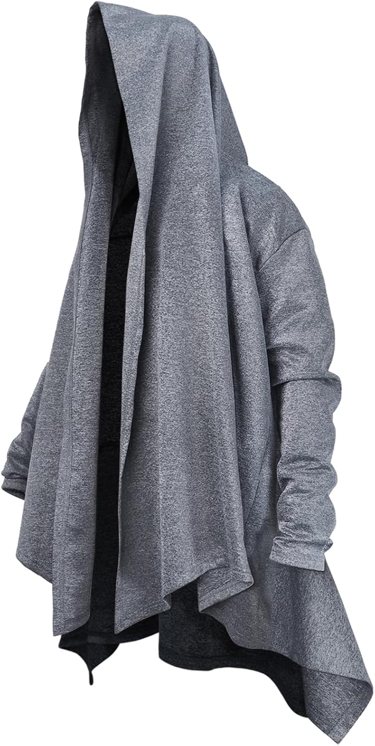 Mens Streetwear Long Hooded Cardigan with Ruffle Shawl Collar, Open Front, Lightweight Drape Cape and Belt,Samurai Cosplay